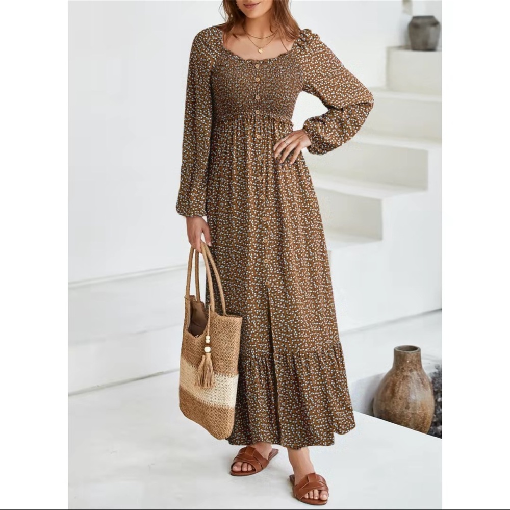 Dokotoo Women’s Boho Floral Square Neck Smocked Ruffle Hem Maxi Dress Size L NWT